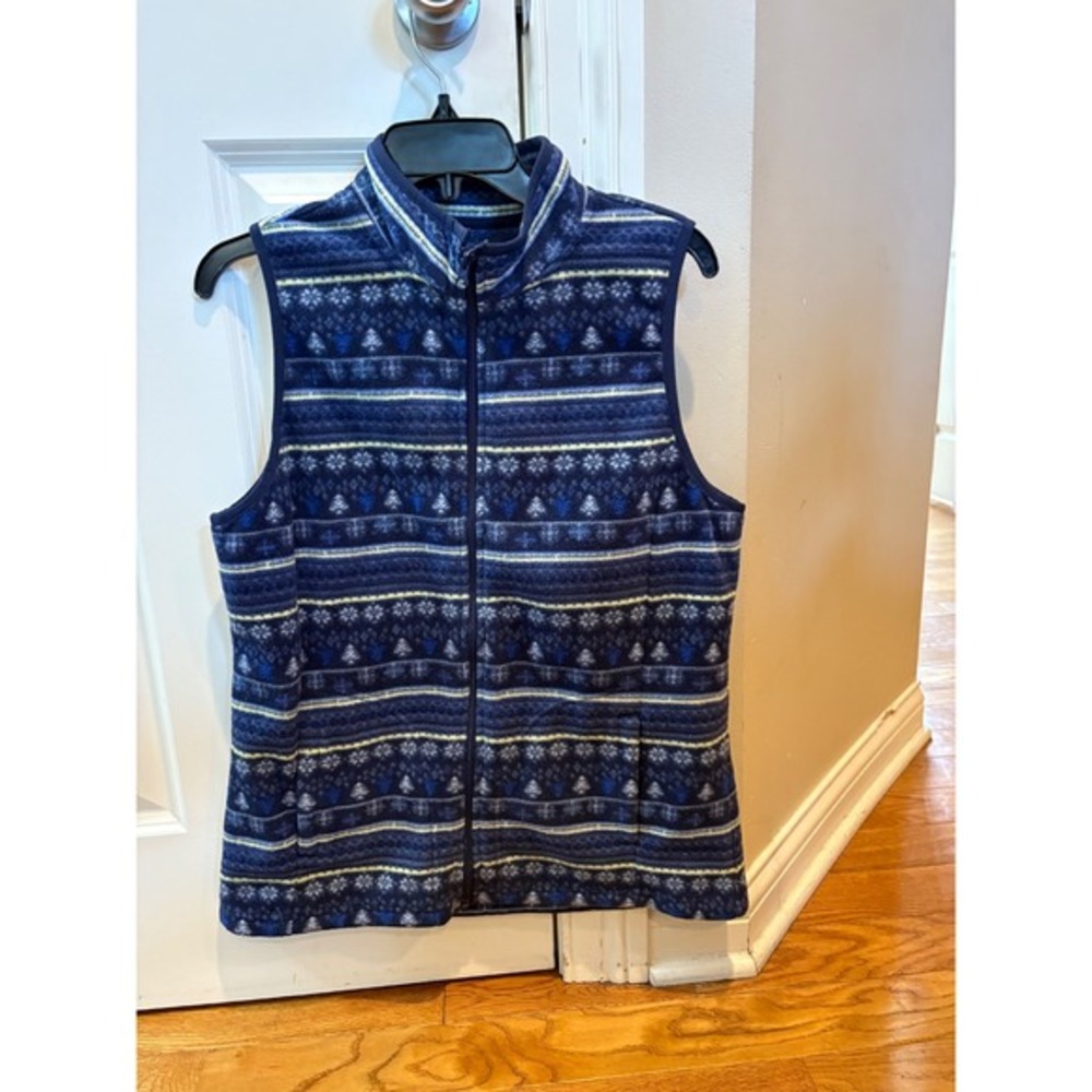 Basic Editions Blue Fair Isle Fleece Zip Up Vest Women's M‎ Warm Winter Layering